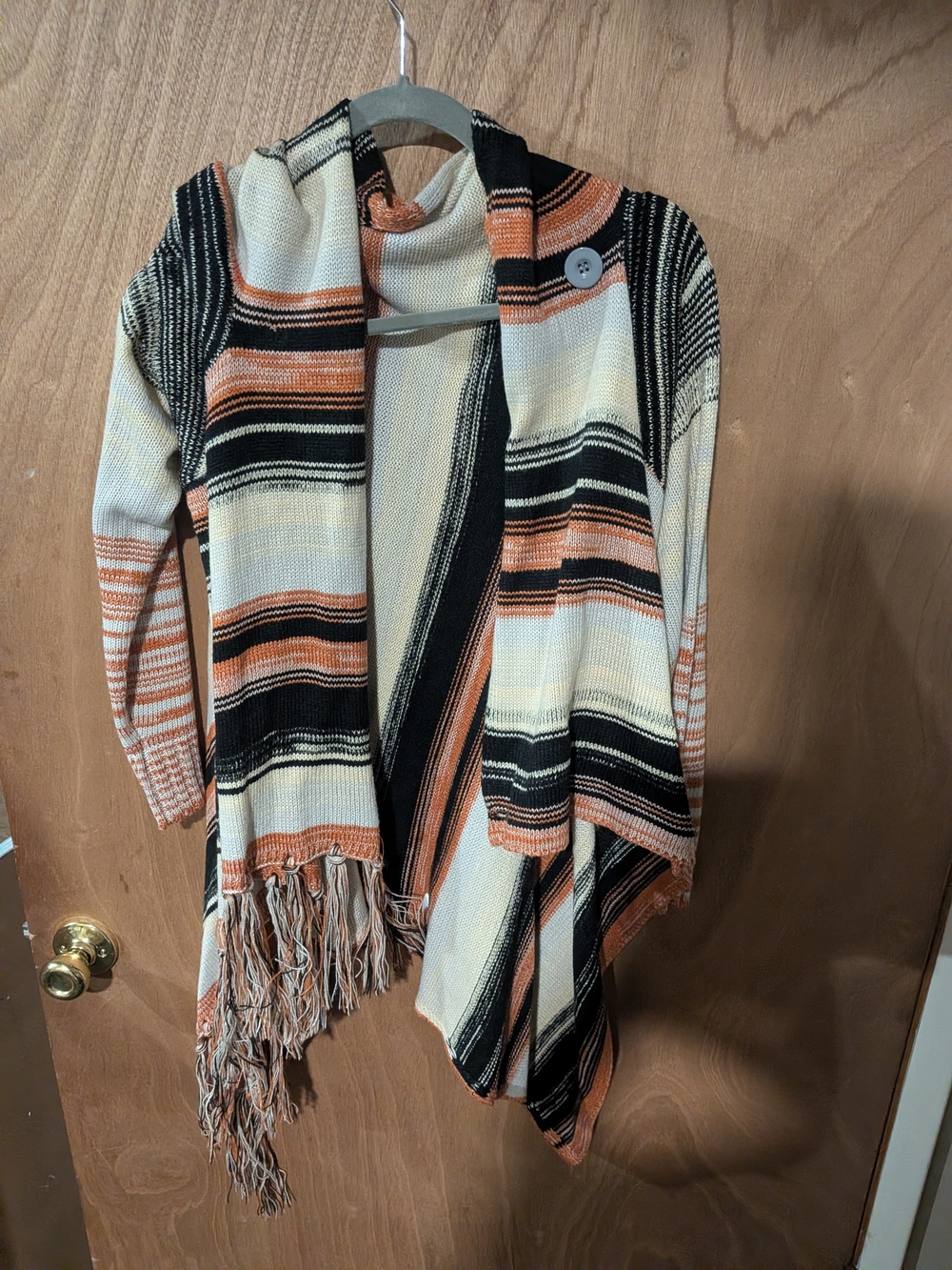 Amazon Striped Open-Front Fringe Cardigan Sweater - Cream, Black & Orange